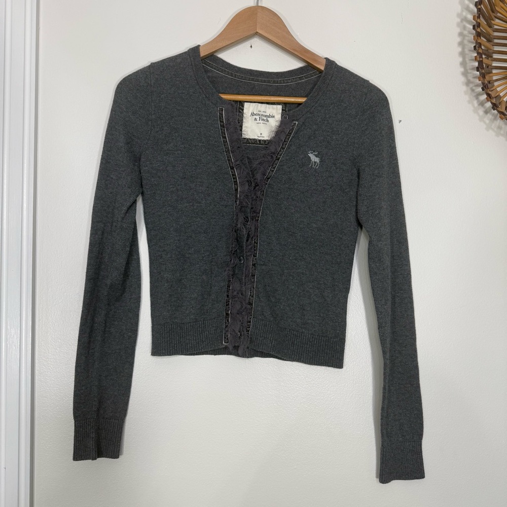 Abercrombie Fitch Sweater Women Medium Gray Cardigan V Neck Long Sleeve Y2K